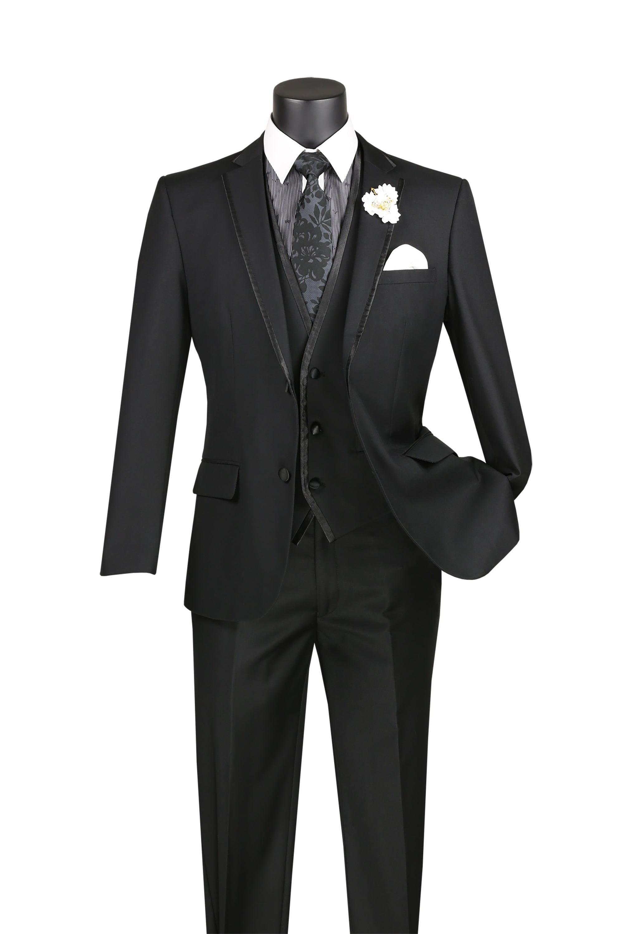 Black Trimmed Lapel Slim Fit 3 Piece Suit - Upscale Men's Fashion