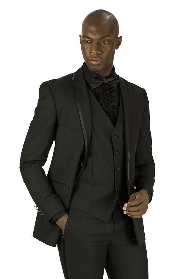 Black Tuxedo Slim Fit 3 Piece with Trimmed Peak Lapel - Upscale Men's Fashion