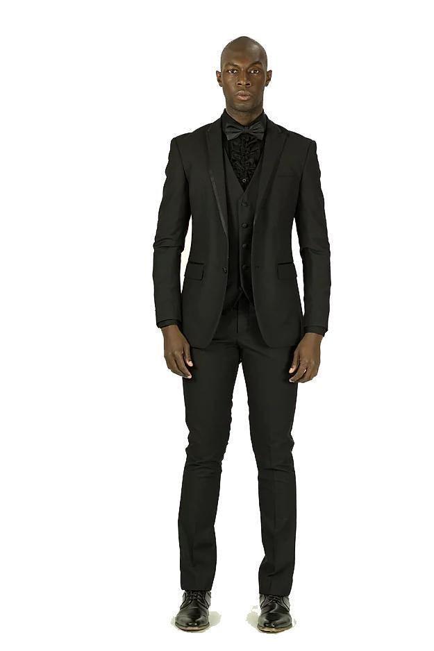 Black Tuxedo Slim Fit 3 Piece with Trimmed Peak Lapel - Upscale Men's Fashion