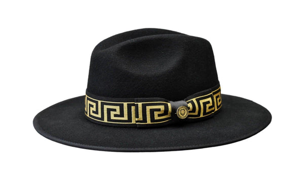 Black Wide Brim Fedora with Gold Decorative Band Wool Felt Hat - Upscale Men's Fashion
