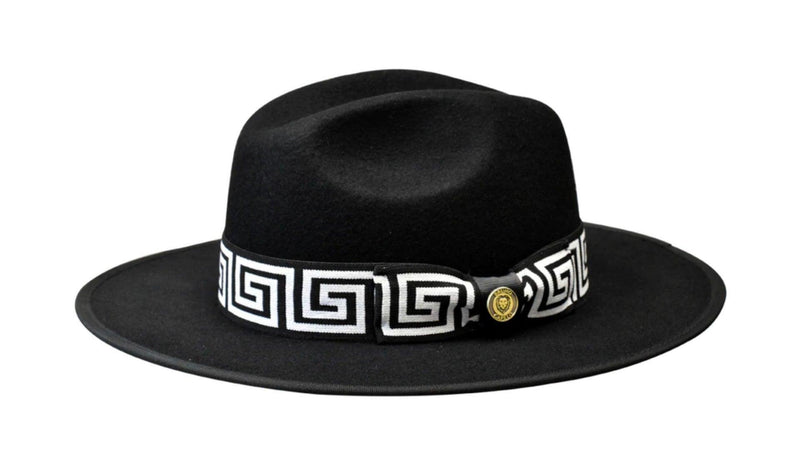 Black Wide Brim Fedora with White Decorative Band Wool Felt Hat - Upscale Men's Fashion