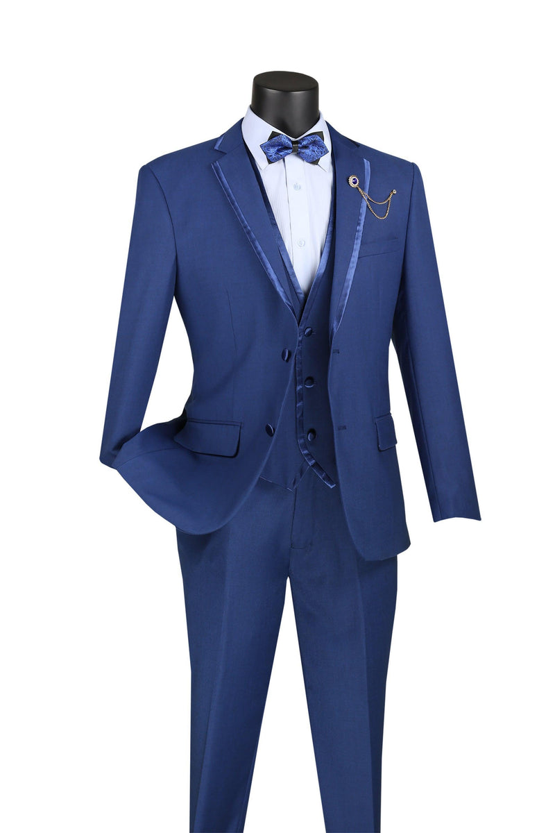 Blue Trimmed Lapel Slim Fit 3 Piece Suit - Upscale Men's Fashion