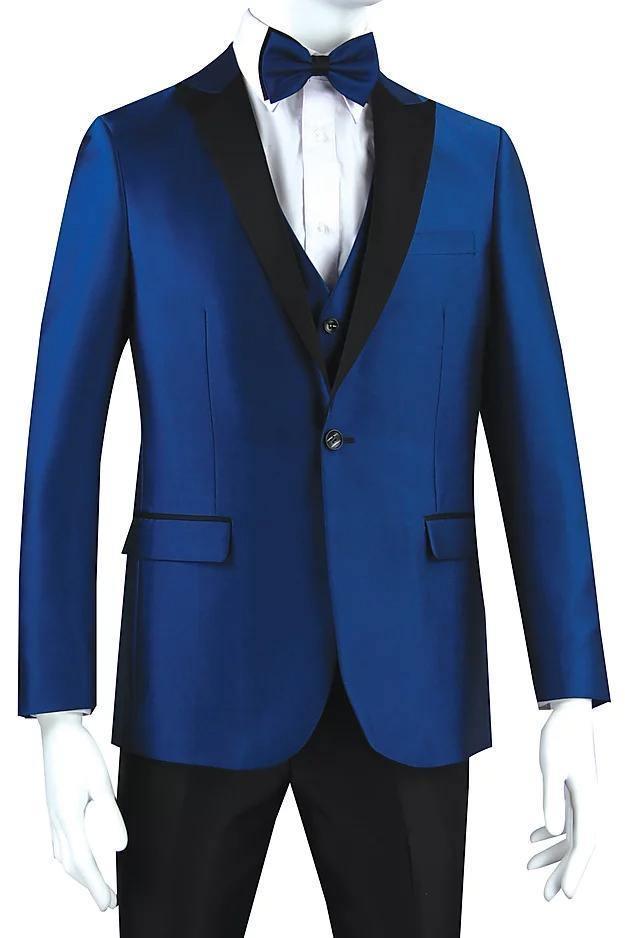 Blue Tuxedo Slim Fit with Black Peak Lapel & Black Pants - Upscale Men's Fashion