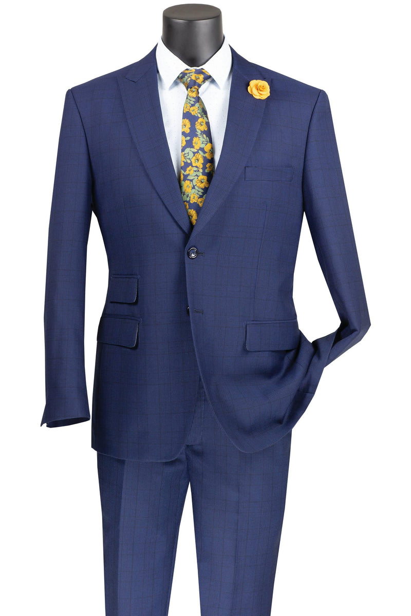 Blue Windowpane 2 Piece Modern Fit Suit - Upscale Men's Fashion