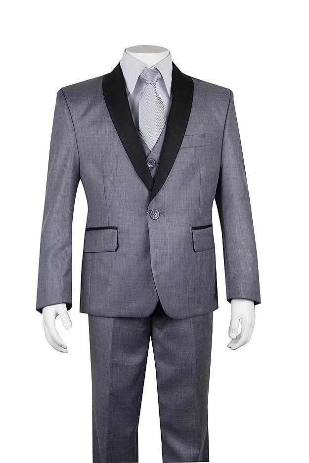 Boys 5 PC Gray/Black Shawl Lapel Tuxedo - Upscale Men's Fashion