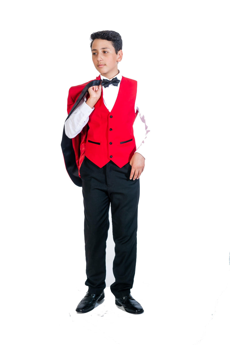 Boys 5 PC Red/Black Shawl Lapel Tuxedo - Upscale Men's Fashion
