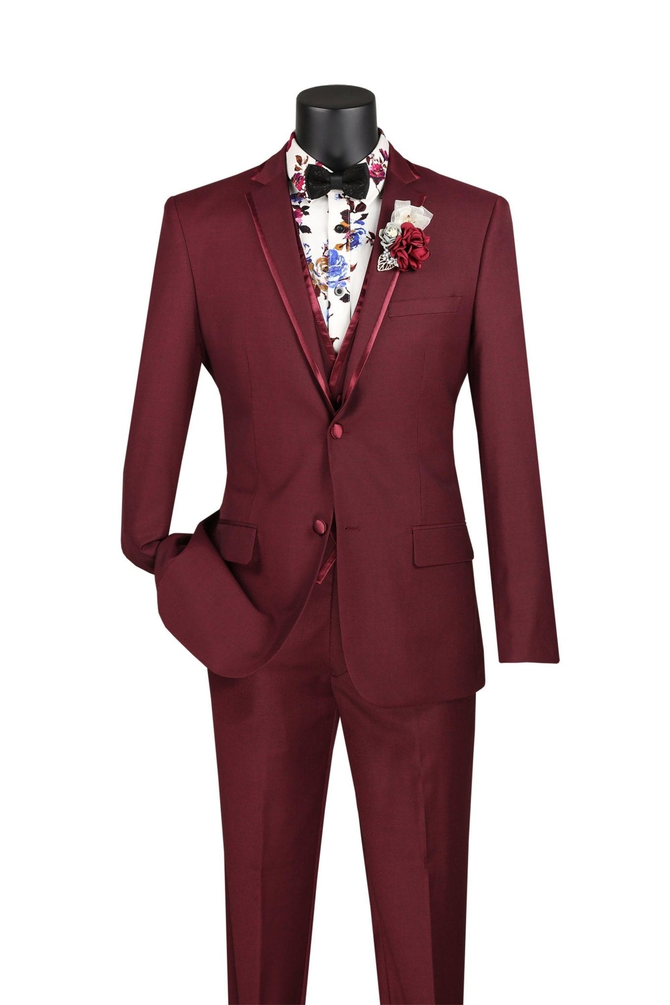 Slim Fit 3-Piece Vested Suit with Satin Trim Lapel – Burgundy - Udine Collection - Upscale Men's Fashion