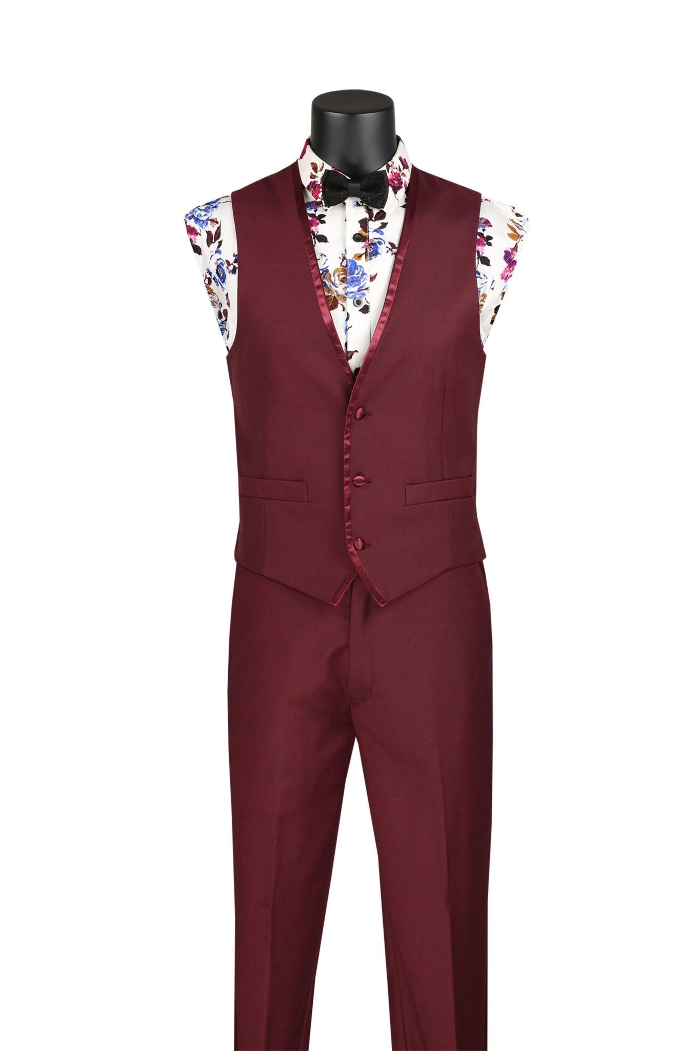 Slim Fit 3-Piece Vested Suit with Satin Trim Lapel – Burgundy - Udine Collection - Upscale Men's Fashion