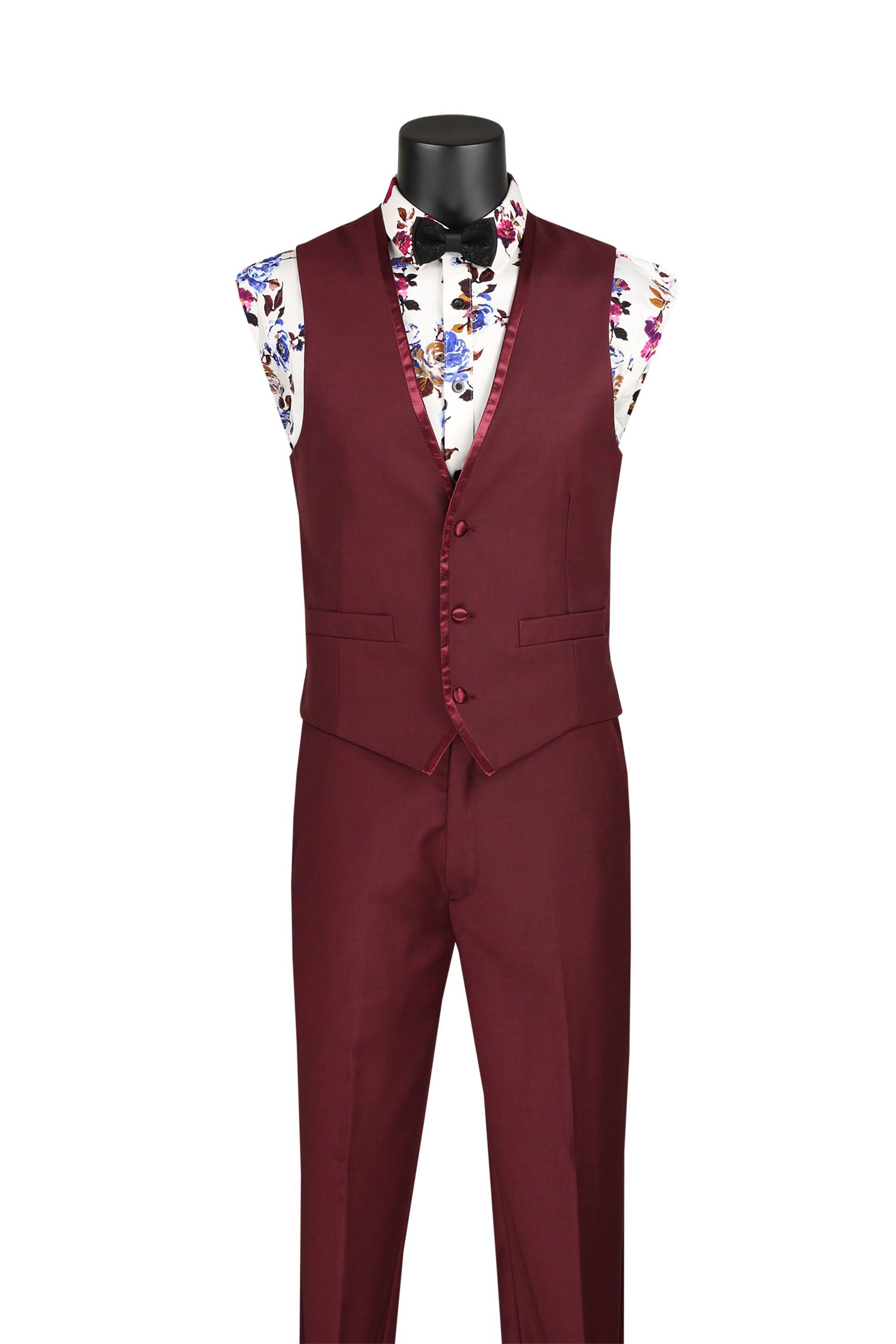 Burgundy Trimmed Lapel Slim Fit 3 Piece Suit - Upscale Men's Fashion