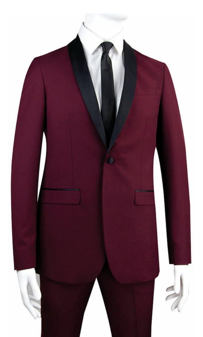 Burgundy Tuxedo Slim Fit with Narrow Black Shawl Lapel & Burgundy Pants - Upscale Men's Fashion