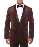 Enzo Collection-Dark Burgundy Slim Fit Velvet Shawl Collar Tuxedo Blazer - Upscale Men's Fashion