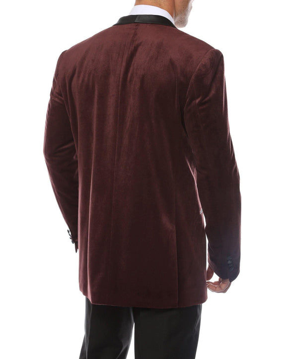 Enzo Collection-Dark Burgundy Slim Fit Velvet Shawl Collar Tuxedo Blazer - Upscale Men's Fashion