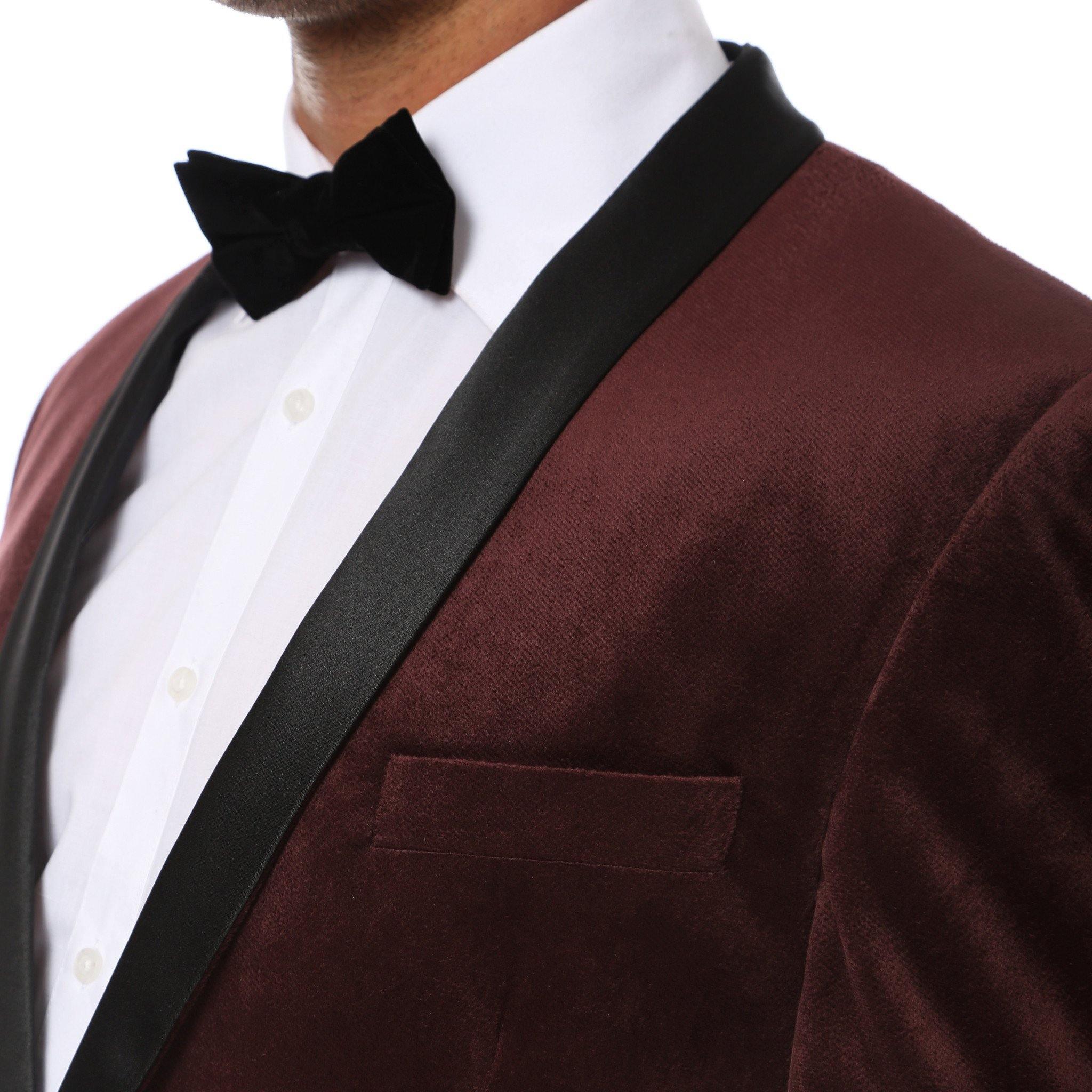 Enzo Collection-Dark Burgundy Slim Fit Velvet Shawl Collar Tuxedo Blazer - Upscale Men's Fashion