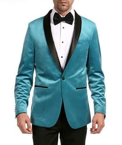 Enzo Collection-Turquoise Velvet Slim Fit Shawl Lapel Tuxedo Men's Blazer - Upscale Men's Fashion