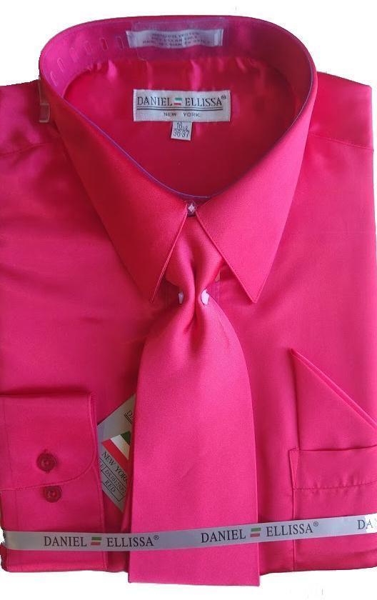Fuchsia Satin Dress Shirt Set with Matching Tie & Pocket Square - Upscale Men's Fashion