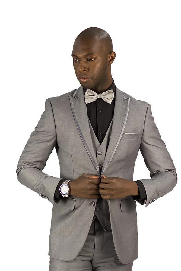 Grey Tuxedo Slim Fit 3 Piece with Trimmed Peak Lapel - Upscale Men's Fashion