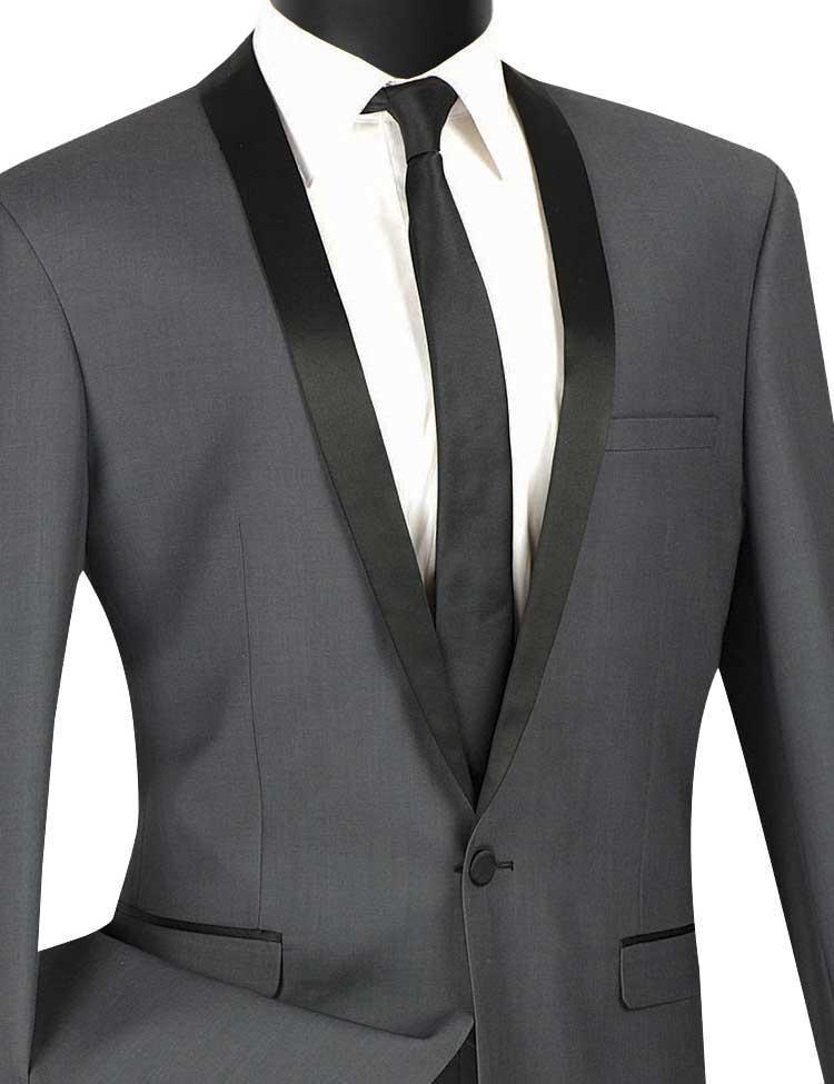 Heather Gray Slim Fit Tuxedo with Narrow Black Shawl Lapel & matching Pants - Upscale Men's Fashion