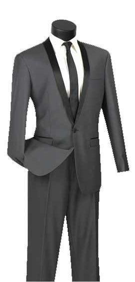 Heather Gray Slim Fit Tuxedo with Narrow Black Shawl Lapel & matching Pants - Upscale Men's Fashion