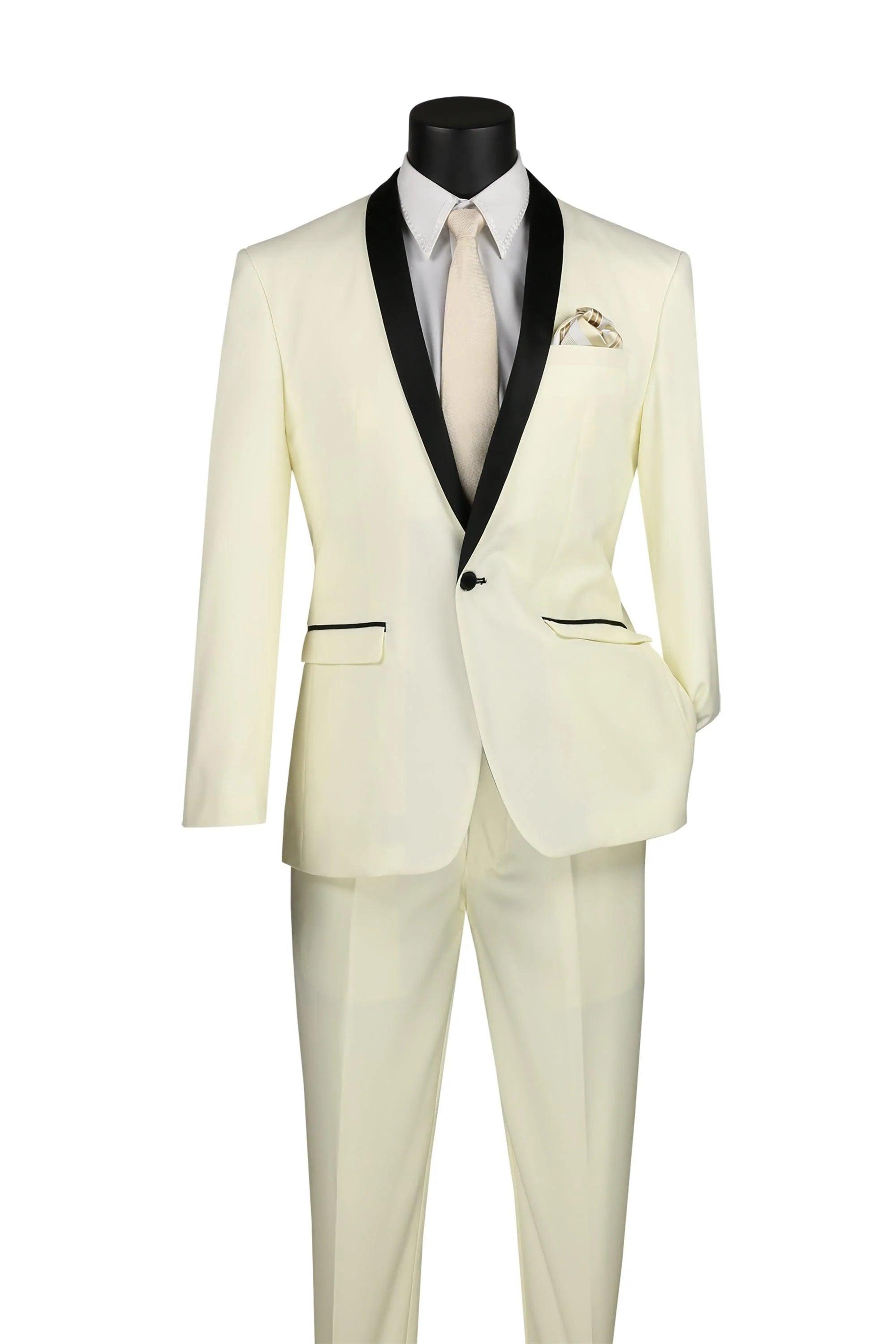 Ivory Slim Fit Tuxedo with Black Shawl Lapel & Ivory Pants - Upscale Men's Fashion