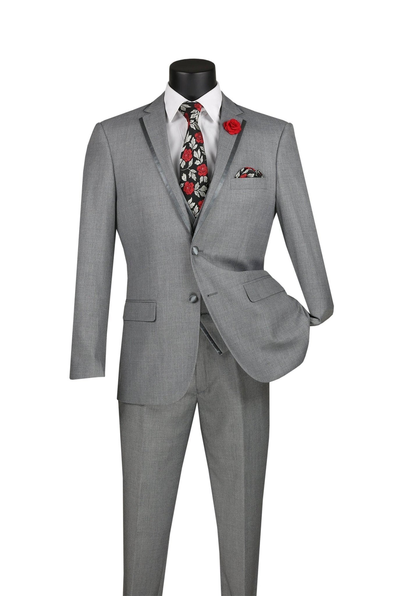 Slim Fit 3-Piece Vested Suit with Satin Trim Lapel – Light Grey- Udine Collection - Upscale Men's Fashion