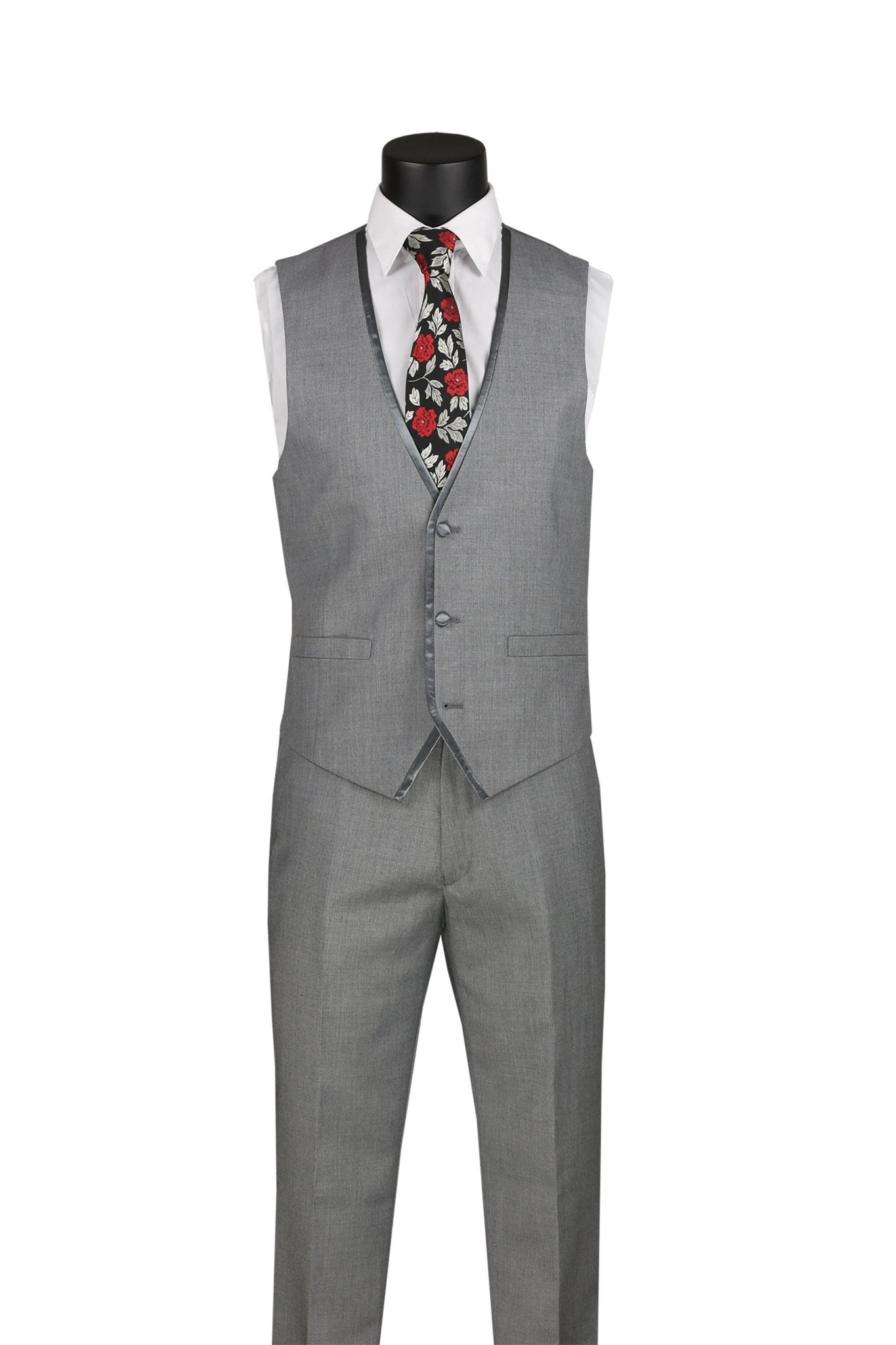 Slim Fit 3-Piece Vested Suit with Satin Trim Lapel – Light Grey- Udine Collection - Upscale Men's Fashion