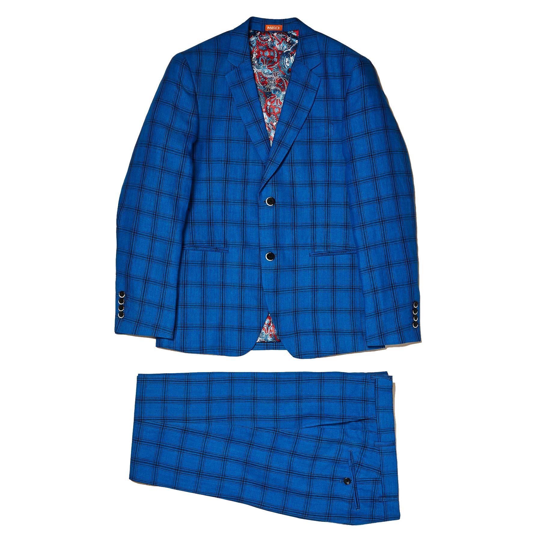 Linen Yarn Dye Royal Blue Check Suit - Upscale Men's Fashion