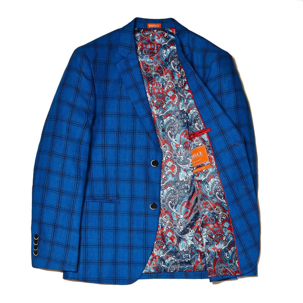 Linen Yarn Dye Royal Blue Check Suit - Upscale Men's Fashion