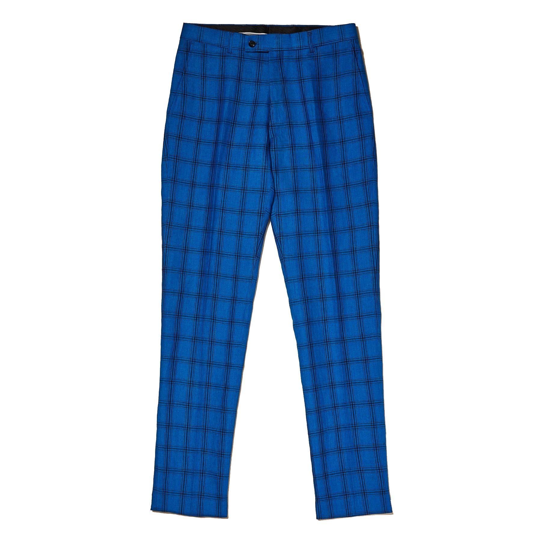 Linen Yarn Dye Royal Blue Check Suit - Upscale Men's Fashion