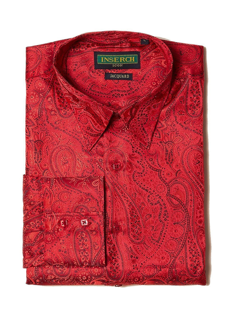 Long Sleeve Light Red Paisley Jacquard Shirt - Upscale Men's Fashion
