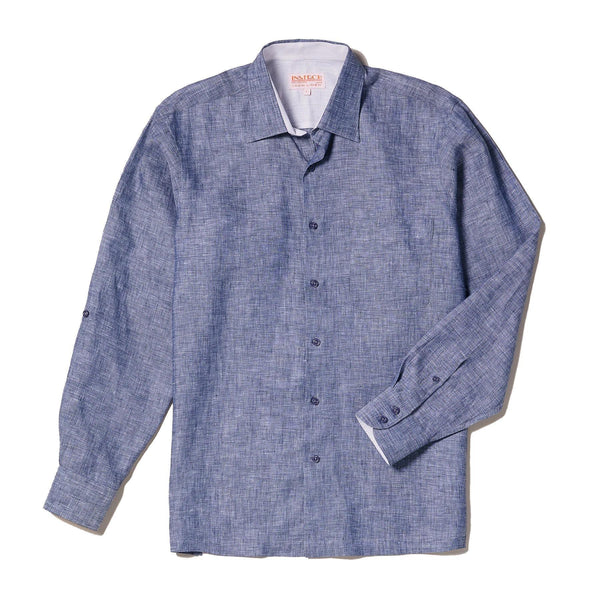 Long Sleeve Premium 100% Linen Yarn-Dye Solid Blue Shirt - Upscale Men's Fashion