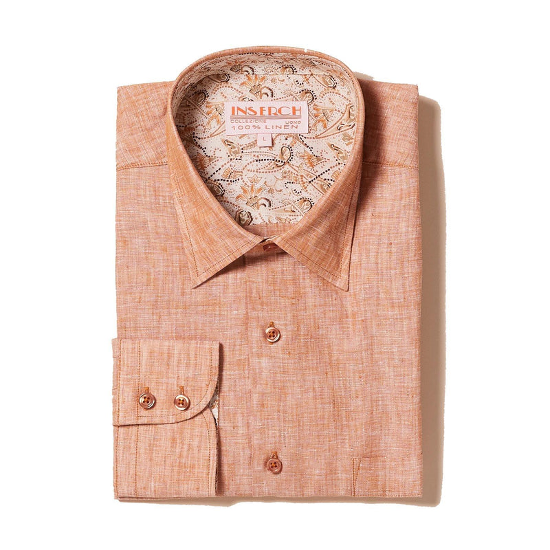 Long Sleeve Premium 100% Linen Yarn-Dye Solid Camel Shirt - Upscale Men's Fashion