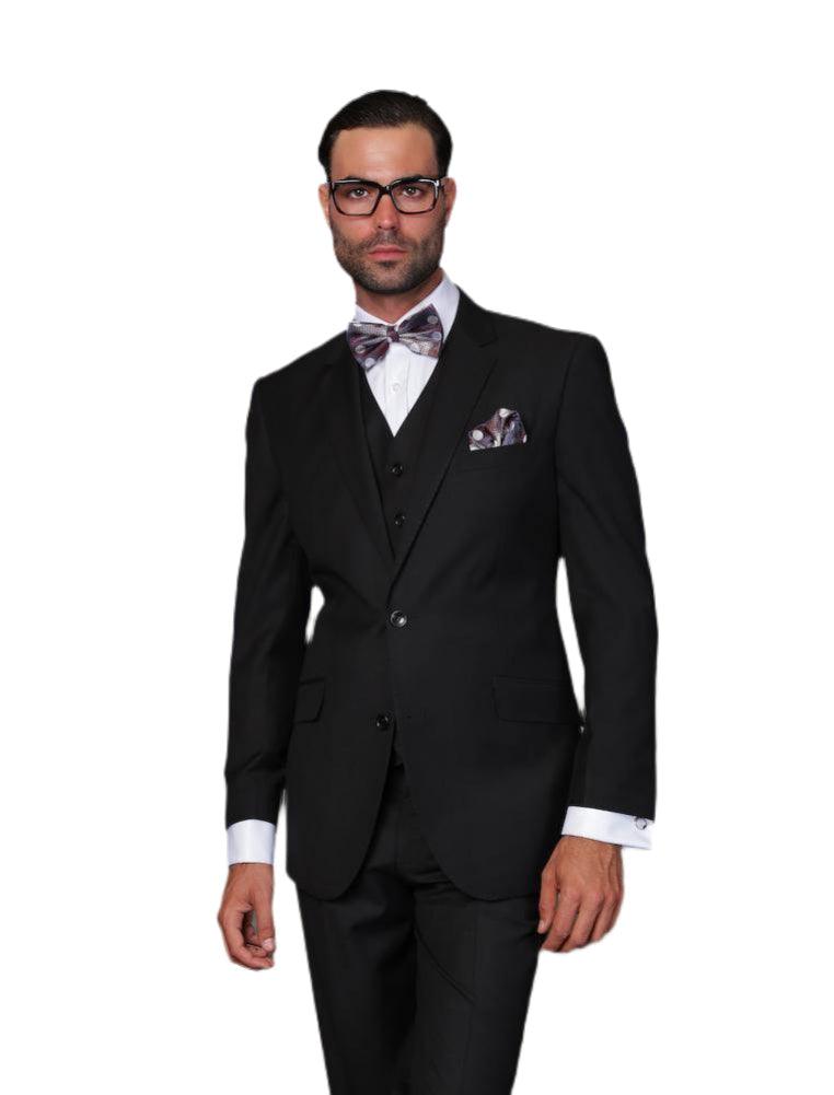 Men's 3 Piece Tailored Fit Wool Suit by Statement Color Black - Upscale Men's Fashion