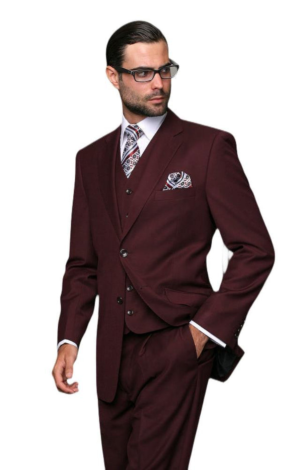 Men's 3 Piece Tailored Fit Wool Suit by Statement Color Burgundy - Upscale Men's Fashion