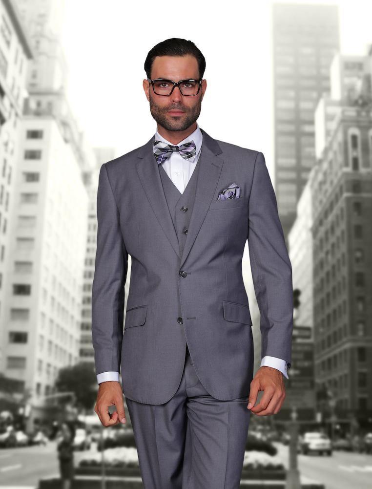 Men's 3 Piece Tailored Fit Wool Suit by Statement Color Charcoal - Upscale Men's Fashion