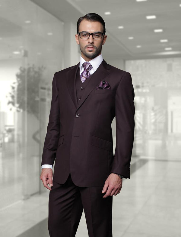 Men's 3 Piece Tailored Fit Wool Suit by Statement Color Eggplant - Upscale Men's Fashion