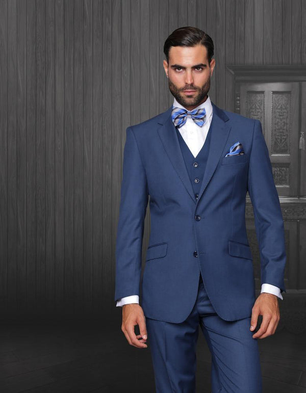 Men's 3 Piece Tailored Fit Wool Suit by Statement Color Indigo - Upscale Men's Fashion