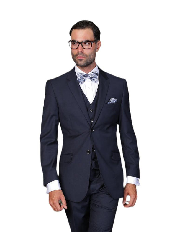 Men's 3 Piece Tailored Fit Wool Suit by Statement-Navy - Upscale Men's Fashion