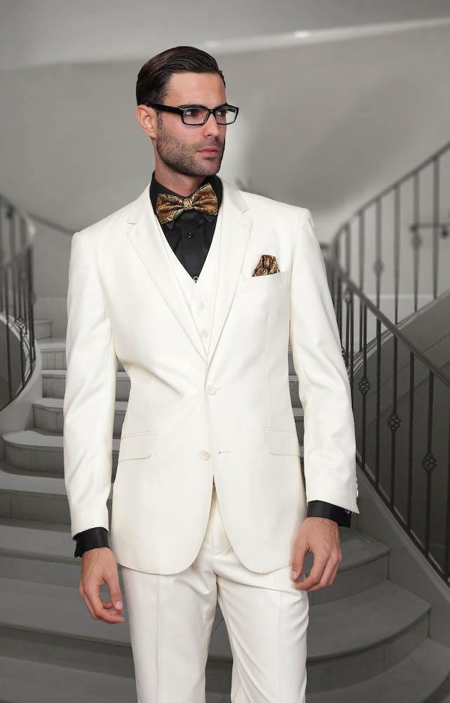 Men's 3 Piece Tailored Fit Wool Suit by Statement-Off White - Upscale Men's Fashion