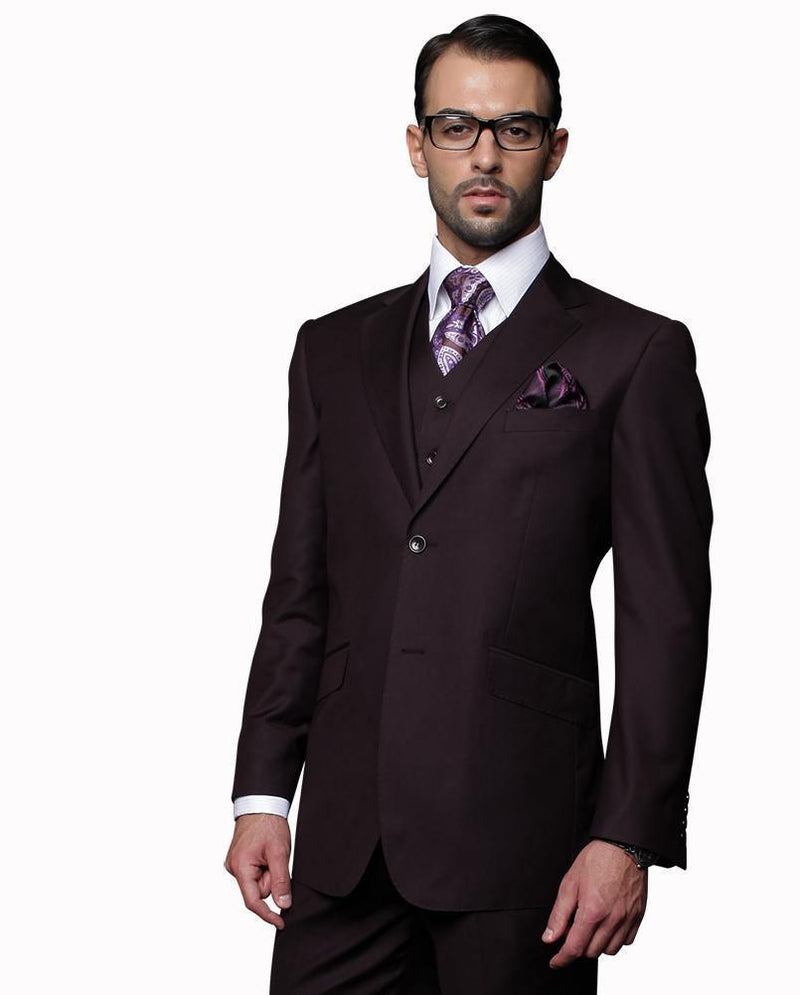 Men's 3 Piece Tailored Fit Wool Suit by Statement-Plum - Upscale Men's Fashion