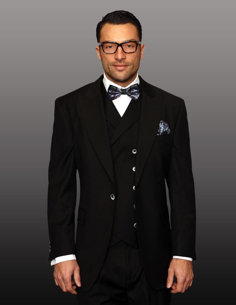 Men's 3 Piece ًWide Leg Wool Suit by Statement-Black - Upscale Men's Fashion