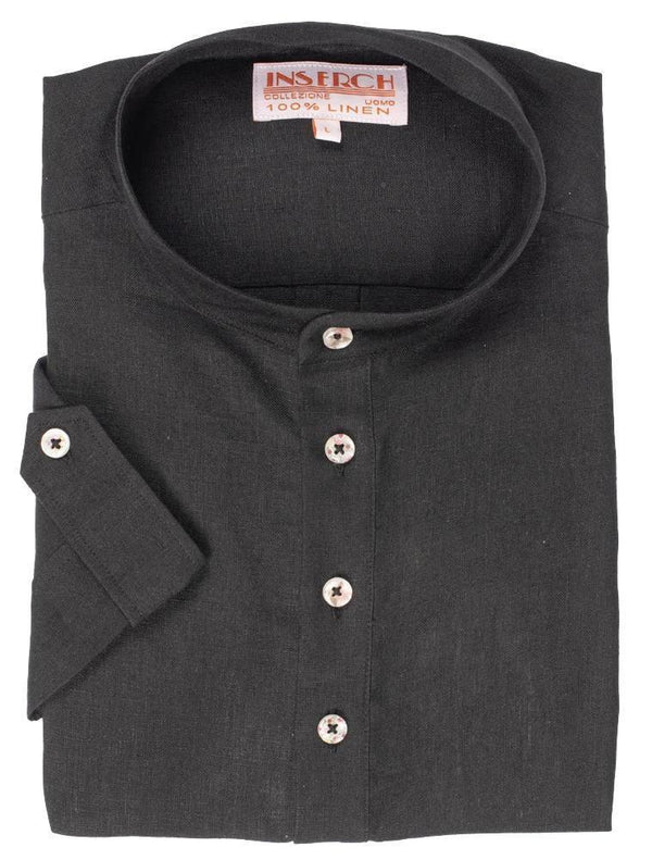 MEN'S BLACK LINEN BANDED COLLAR POP OVER SHIRT BY INSERCH - Upscale Men's Fashion