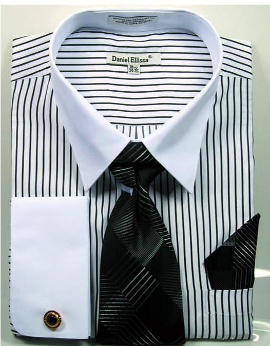 Men's Black PinStripe Shirt Set with White Collar - Upscale Men's Fashion