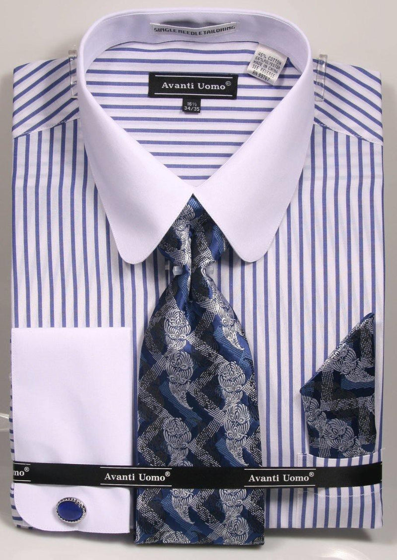 Men's Blue PinStripe Shirt Set with white Rounded Collar - Upscale Men's Fashion