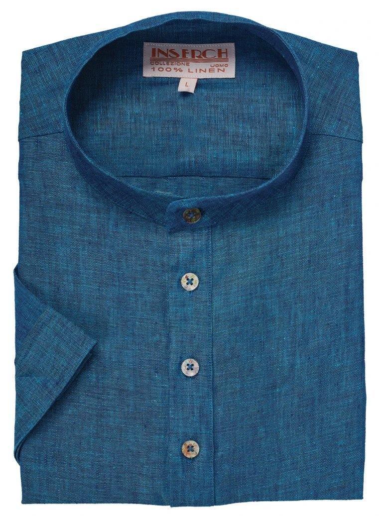 MEN'S DEEP SEA BLUE LINEN BANDED COLLAR POP OVER SHIRT BY INSERCH - Upscale Men's Fashion