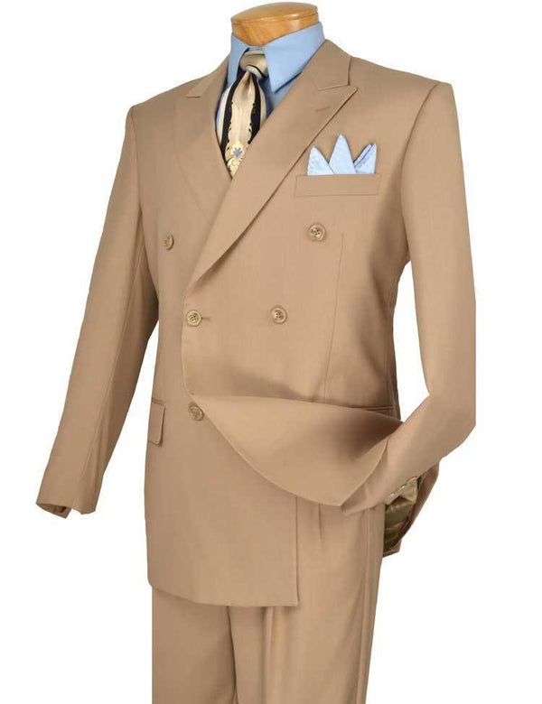 Men's Executive Double Breasted Suit Solid Beige - Upscale Men's Fashion