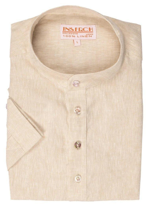 MEN'S OATMEAL LINEN BANDED COLLAR POP OVER SHIRT BY INSERCH - Upscale Men's Fashion