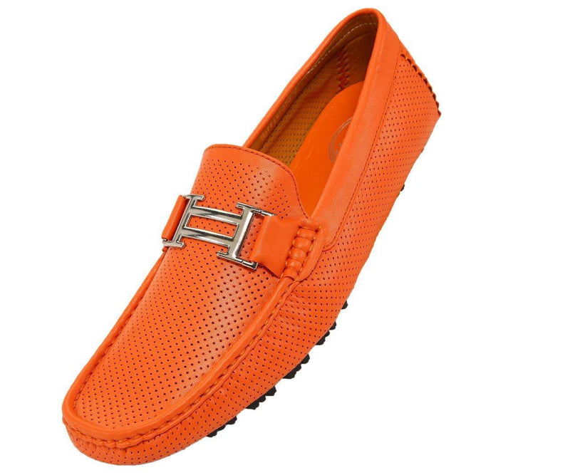 Men's Orange Perforated Smooth Driving Moccasin/Loafers Shoes - Upscale Men's Fashion
