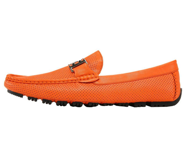 Men's Orange Perforated Smooth Driving Moccasin/Loafers Shoes - Upscale Men's Fashion