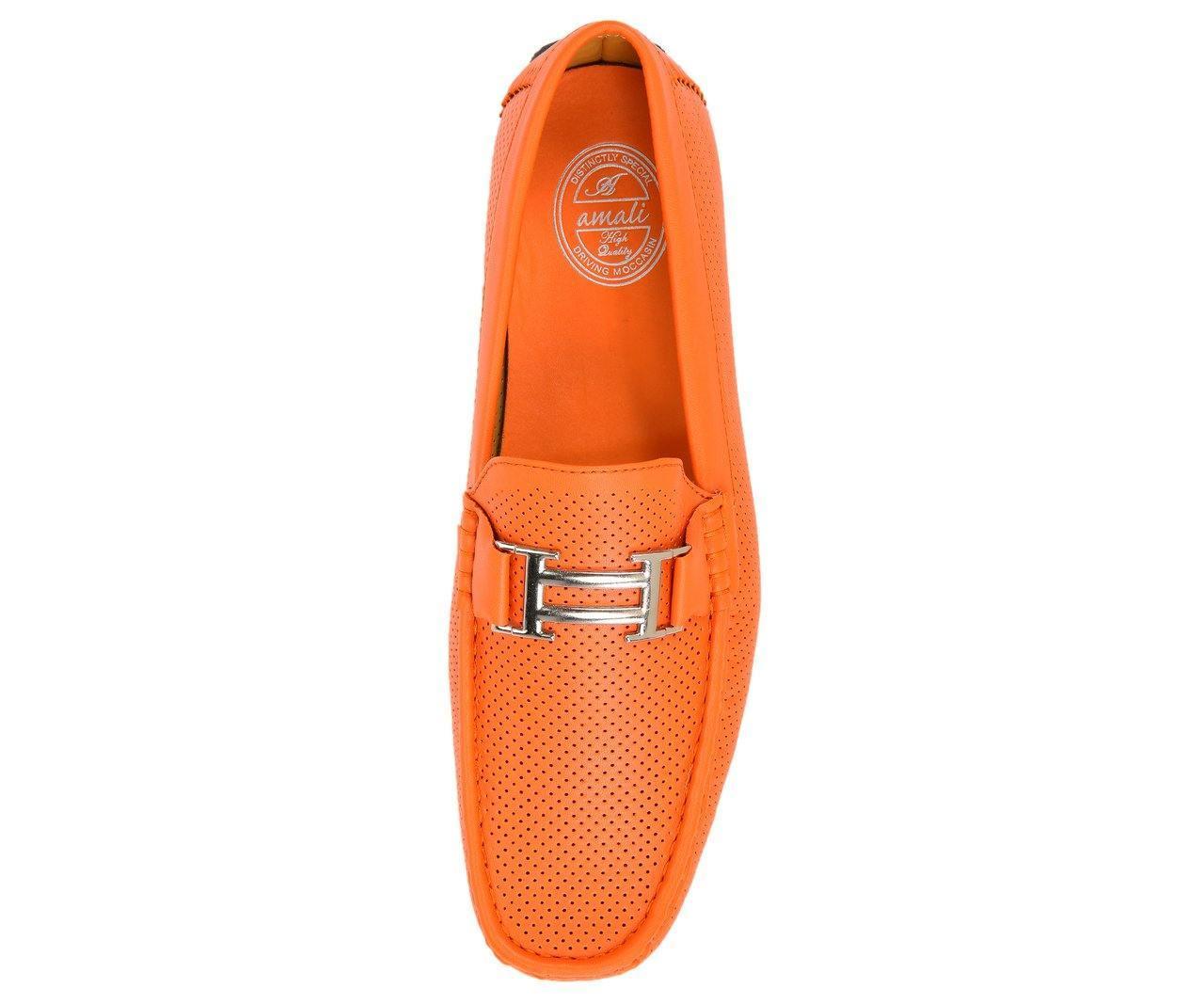 Men's Orange Perforated Smooth Driving Moccasin/Loafers Shoes - Upscale Men's Fashion