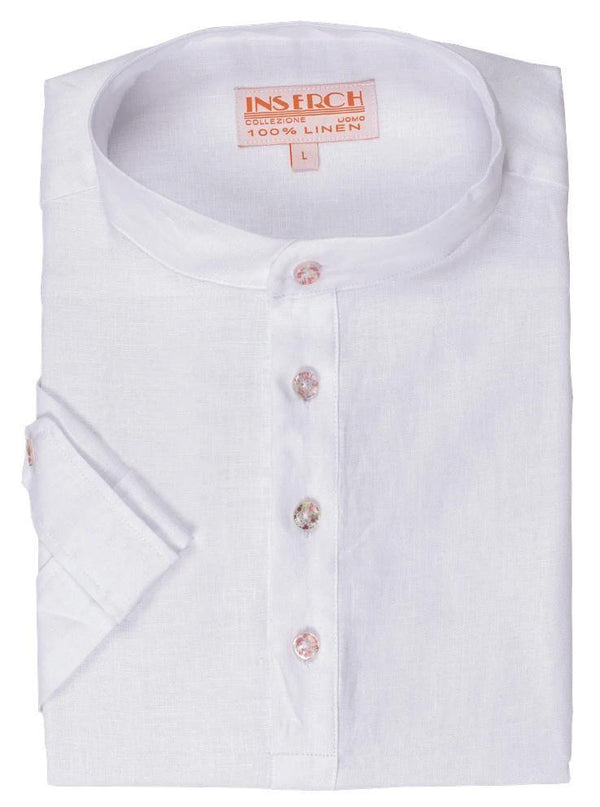 MEN'S WHITE LINEN BANDED COLLAR POP OVER SHIRT BY INSERCH - Upscale Men's Fashion